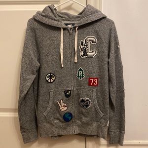 Gray Zip-Up Hoodie with Patches